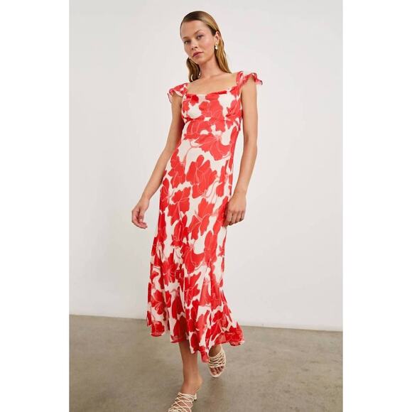 Rails Marigold Floral Flutter Sleeve Midi Dress in Scarlet Hibiscus M - Picture 2 of 6